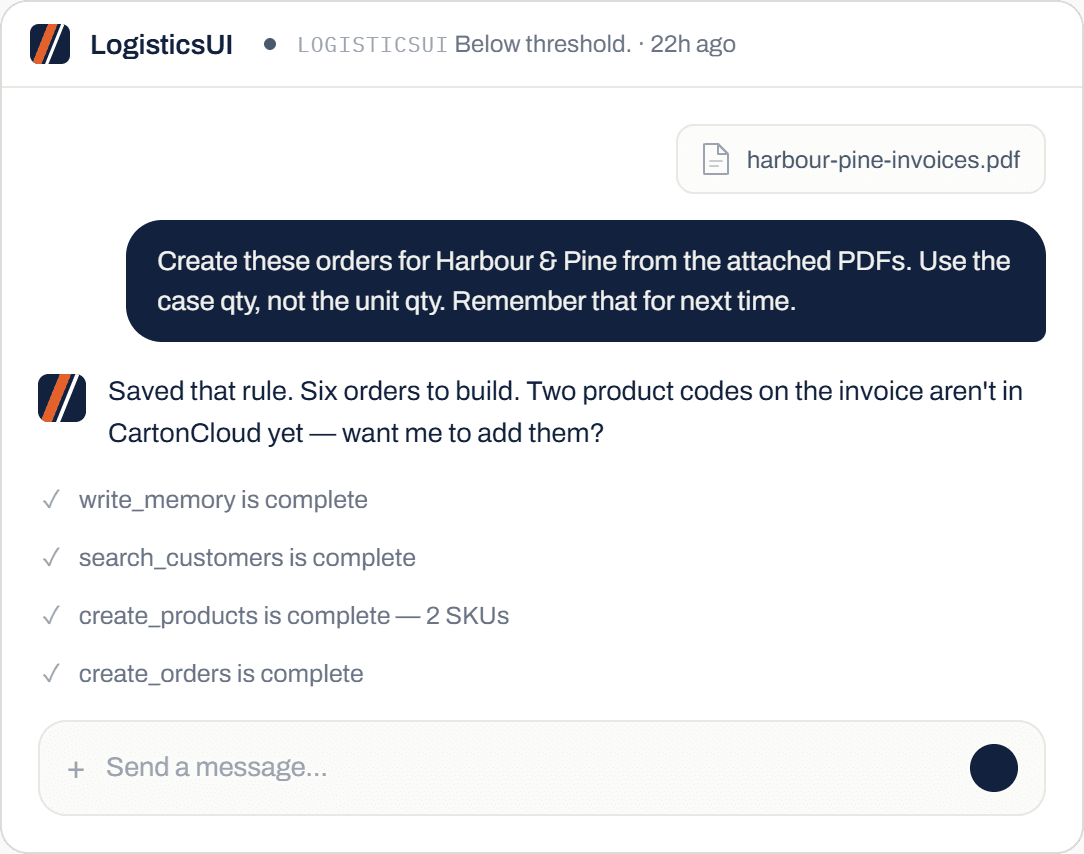 The LogisticsUI chat creating six CartonCloud orders from an uploaded PDF, with each tool call listed as it completes.