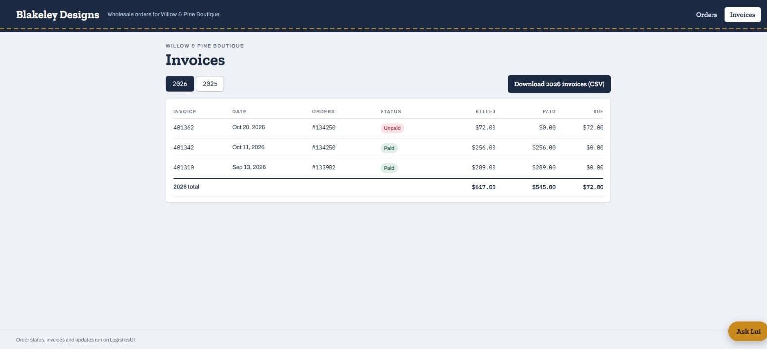 The portal's invoices page: a year's invoices with status, billed, paid and due columns, a yearly total, and a button to download the year as a CSV.