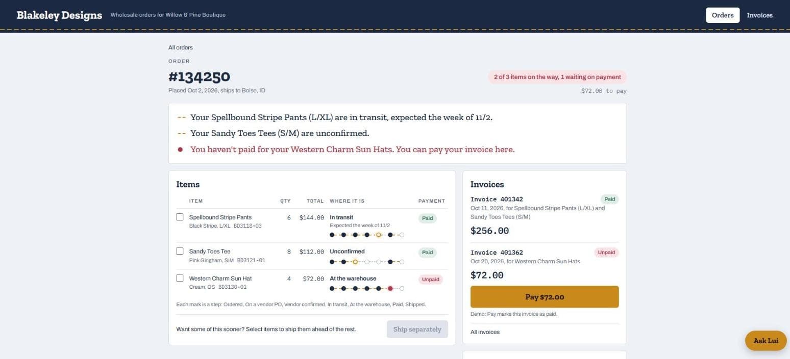 One order in the portal: three lines with their position on a seven-step track from ordered to shipped, each in plain words, the invoices beside them, and a Pay button.