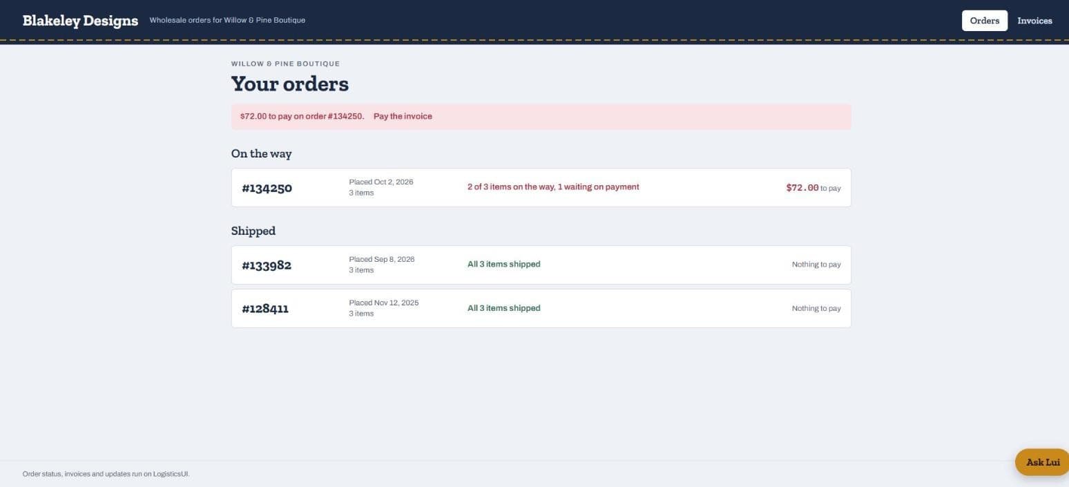 The portal's orders page for a boutique: one order on the way with two of three items in transit and one waiting on payment, two orders shipped, and a banner for the unpaid invoice.