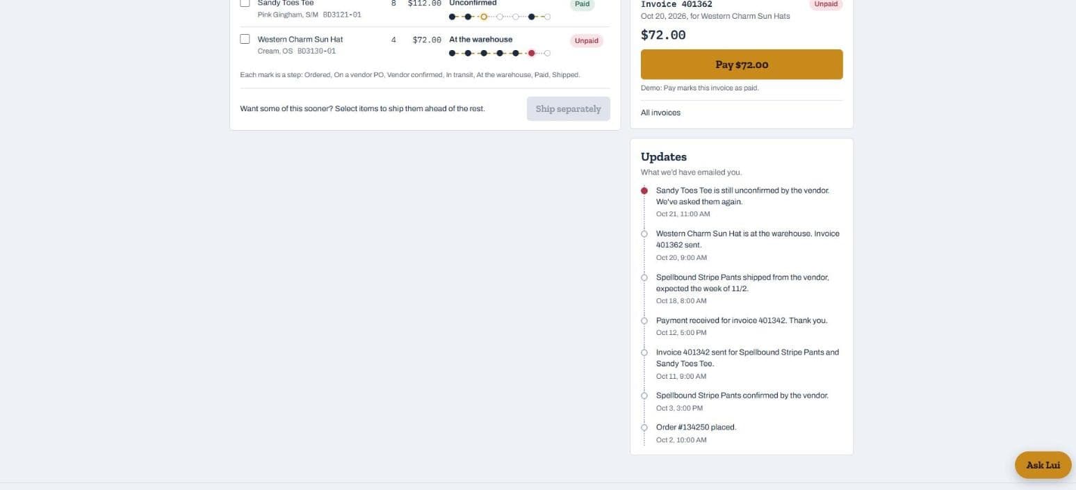 The updates timeline under an order: the vendor chased again, a line arrived at the warehouse and its invoice sent, a line shipped from the vendor, a payment received.
