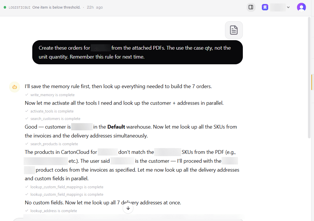 Orders being built from attached PDFs, with LogisticsUI resolving SKUs that do not match the ones in CartonCloud.