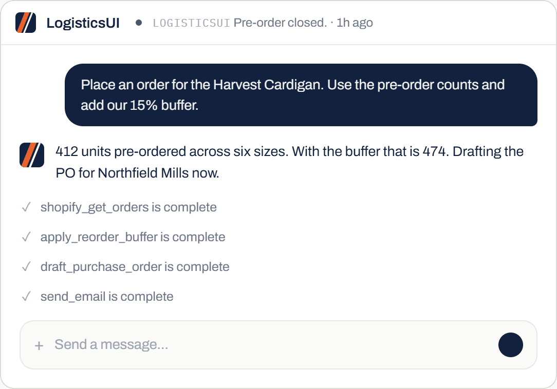 The LogisticsUI chat drafting a supplier purchase order from pre-order counts with a reorder buffer applied.