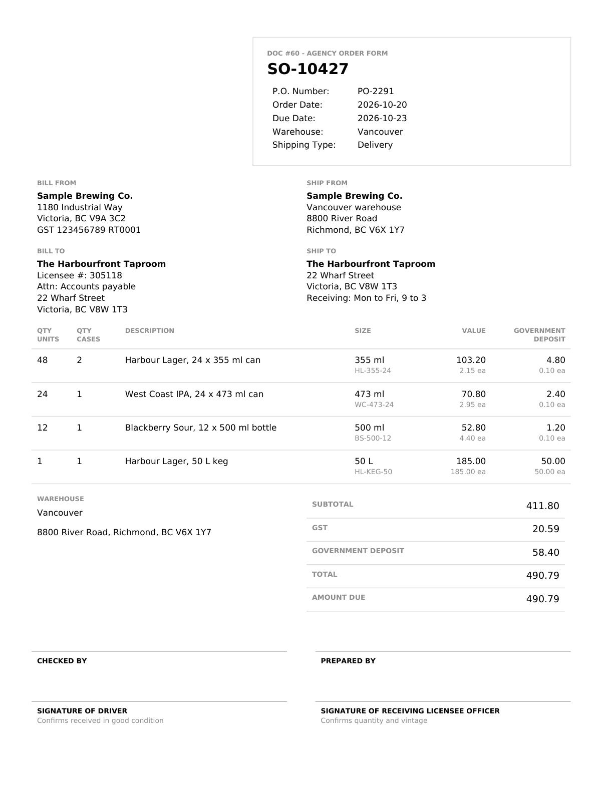 A Doc 60, the BC liquor sales reporting form, filled from an order: quantities, sizes, values and deposits in their boxes.