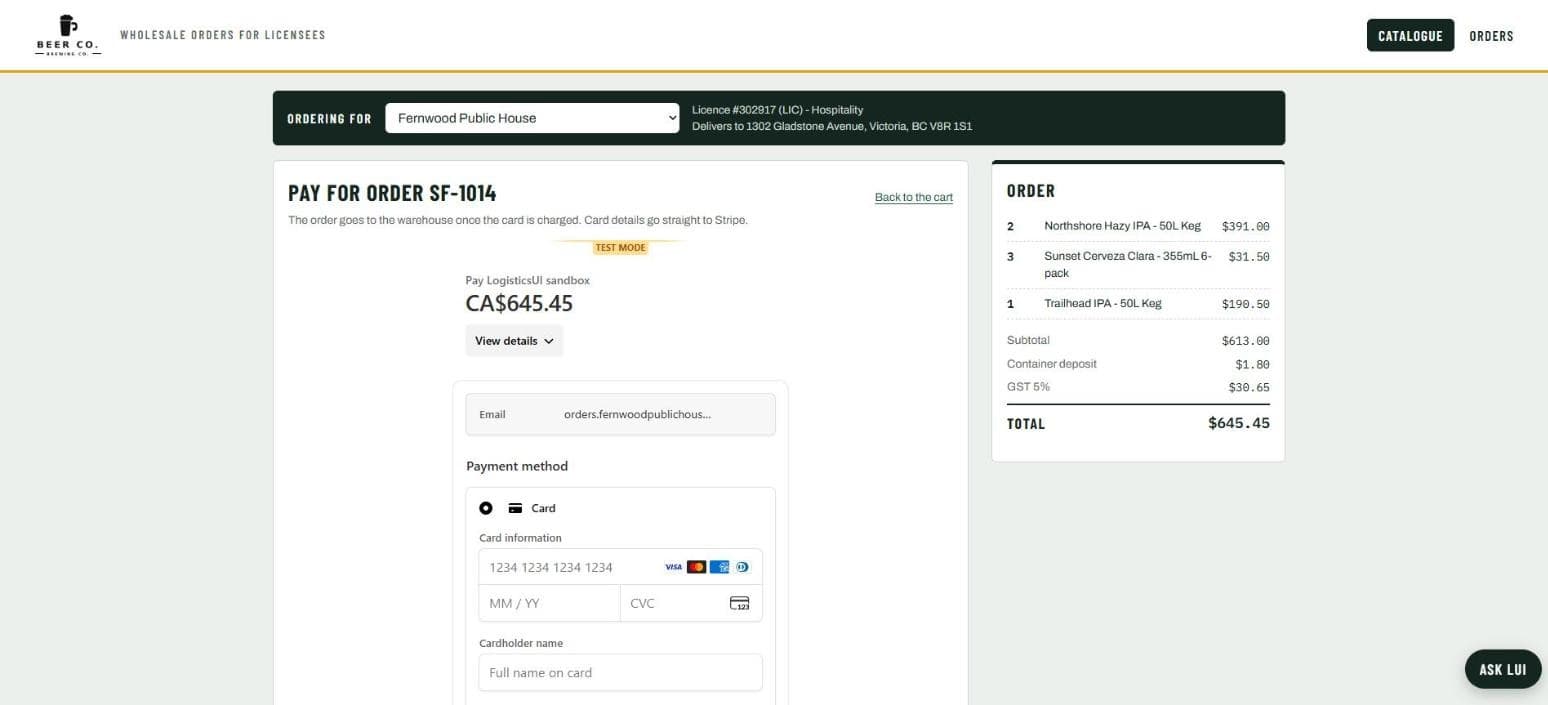 The card payment step embedded on the order page.