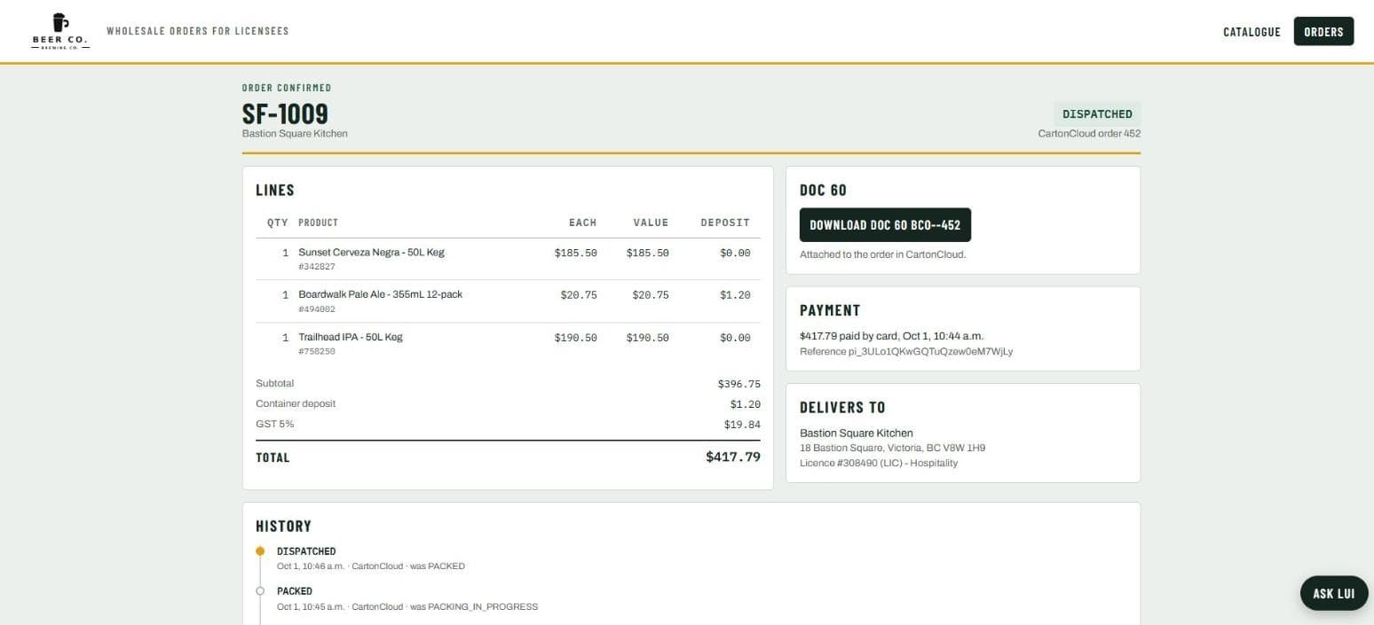 One confirmed order: the lines with values and deposits, the Doc 60 download attached to the warehouse order, the card payment with its reference, the delivery address and licence, and the status history.