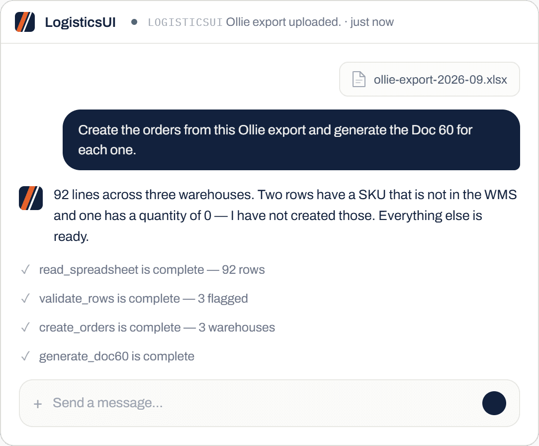 The LogisticsUI chat turning an Ollie spreadsheet export into orders across three warehouses, with bad rows flagged.