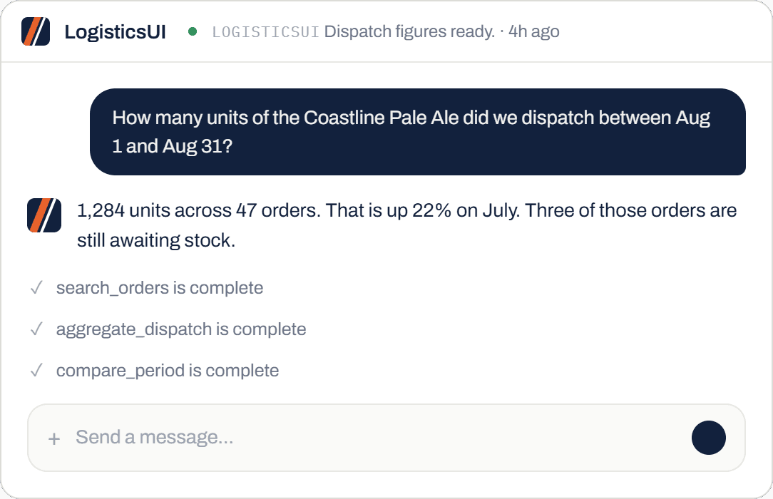 The LogisticsUI chat answering a dispatch question: units shipped in a date range, order count, and the change on the previous month.